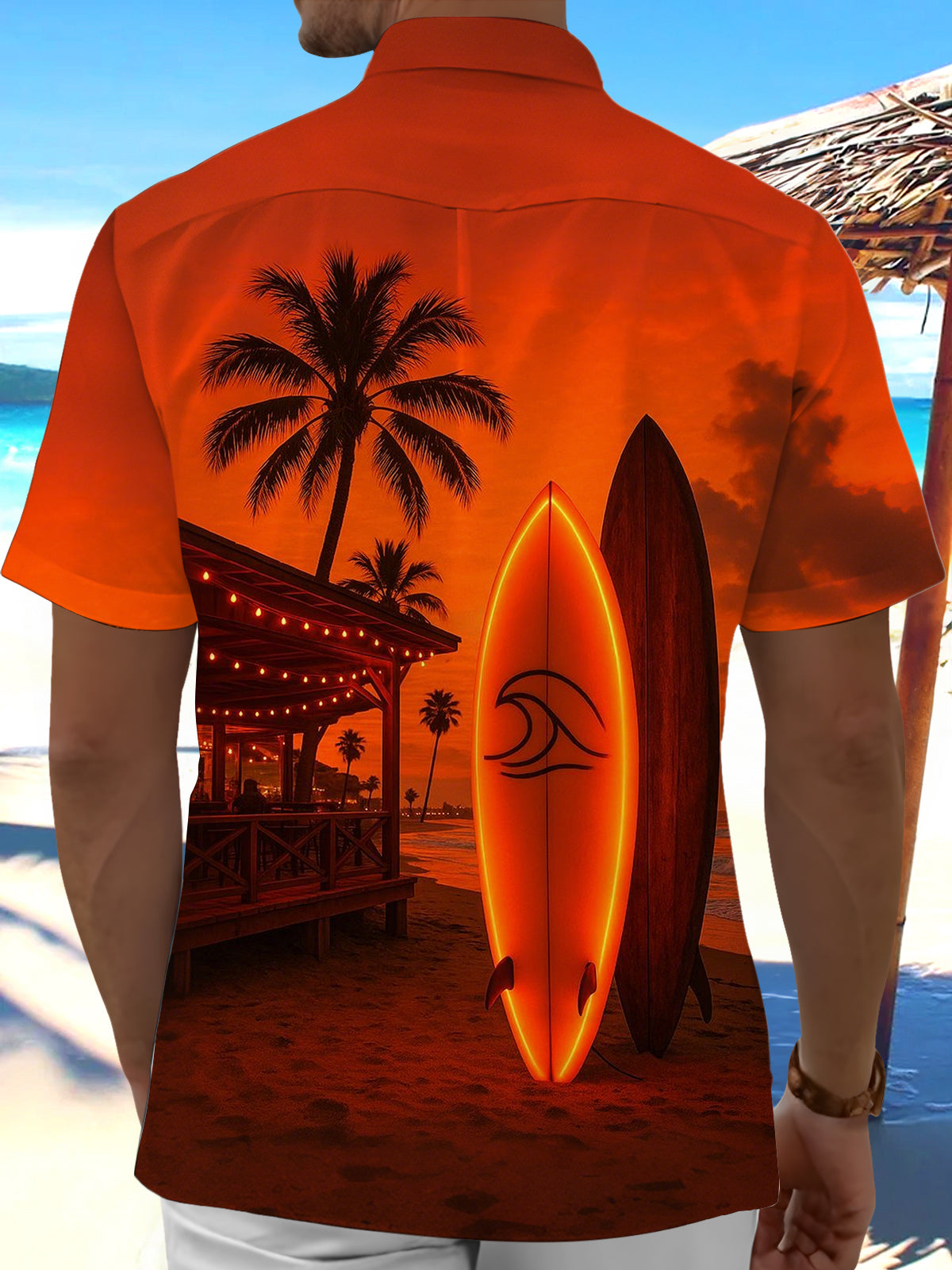 Beach Skateboard Coconut Tree Print Men's Pocket Short Sleeve Shirts