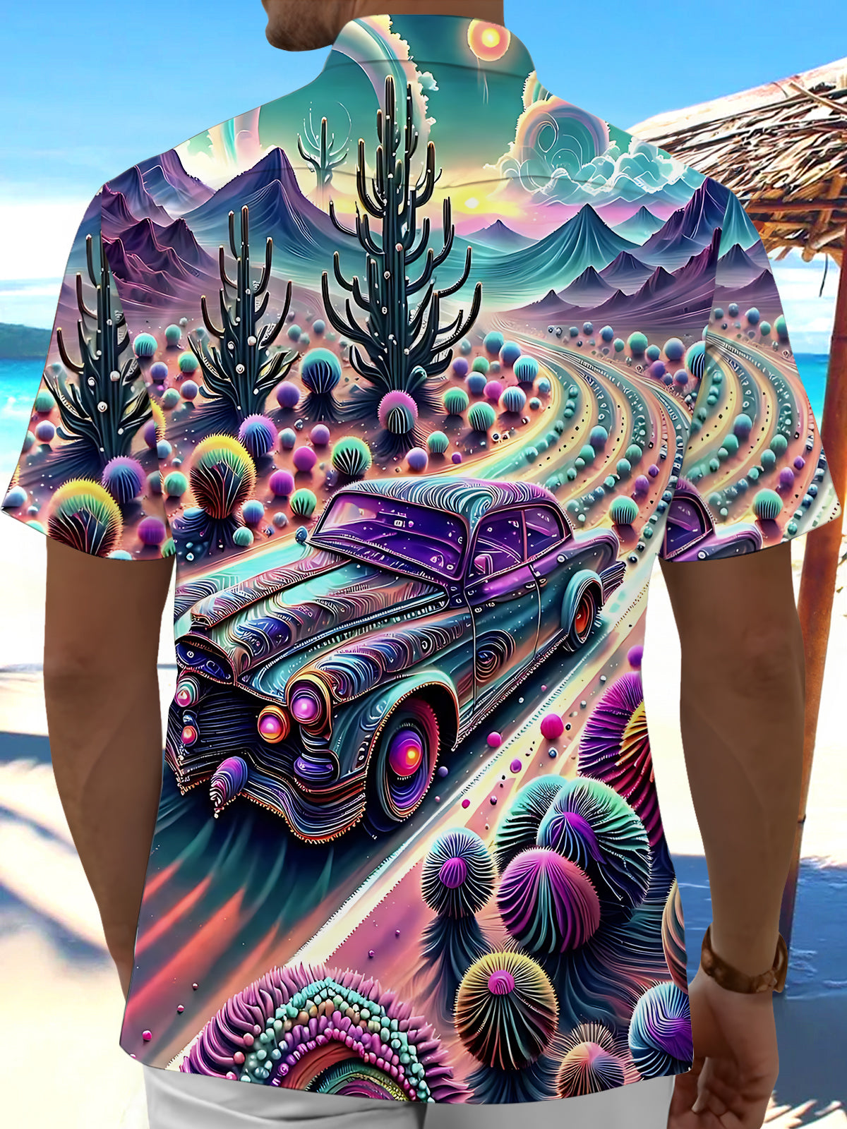 Desert Cactus Car Print Men's Pocket Short Sleeve Shirts