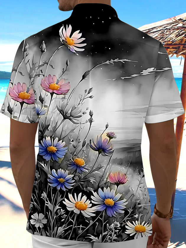 Men's Flower Print Pocket Short Sleeve Shirt Back View