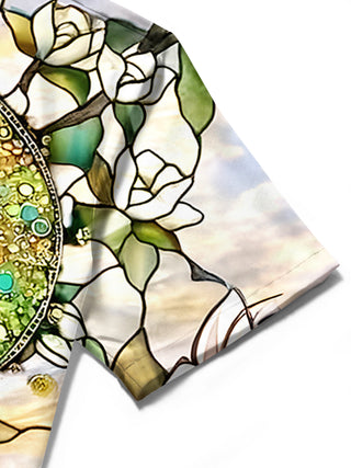 Men's floral print short sleeve shirt close-up detail view