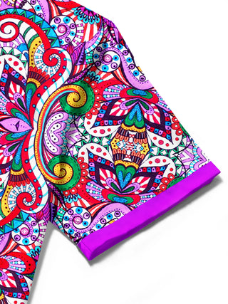 Men's floral short sleeve shirt close-up detail view