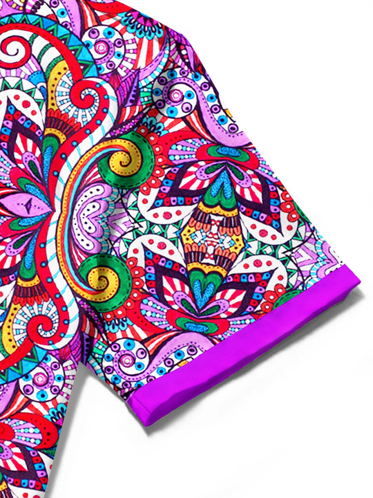 Men's floral short sleeve shirt close-up detail view