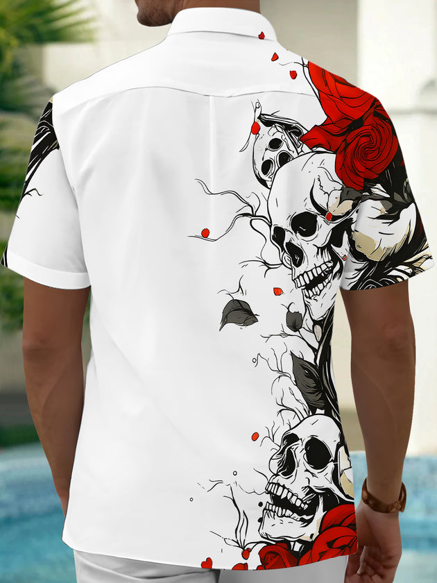 Skull Floral Men's Pocket Short Sleeve Shirts