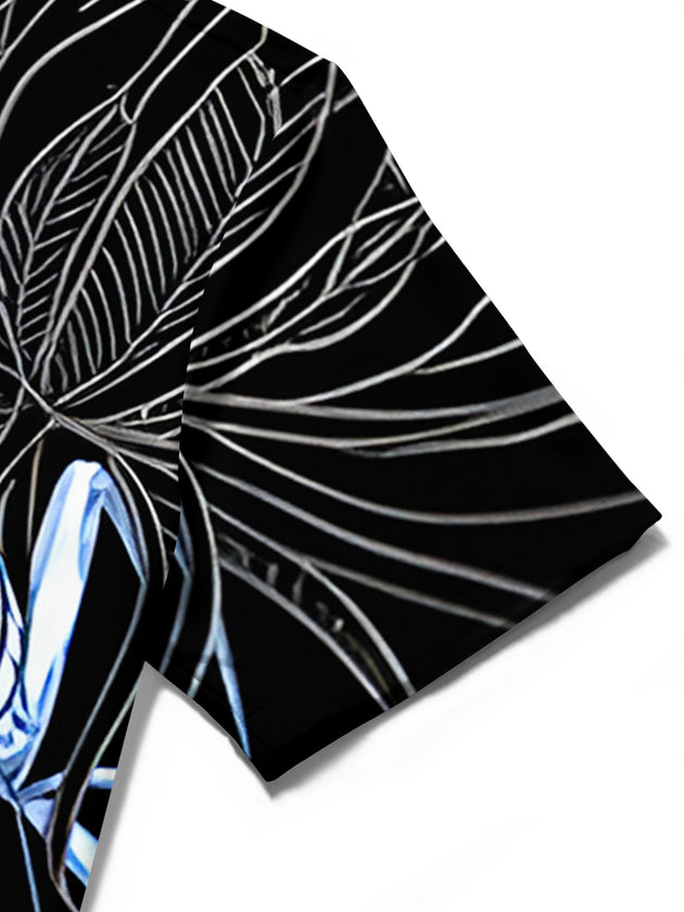 Men's Hawaiian leaf floral short sleeve shirt close-up of pocket stitching and print