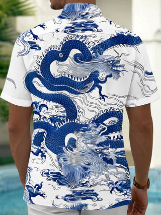 Men's black dragon print short sleeve shirt back view