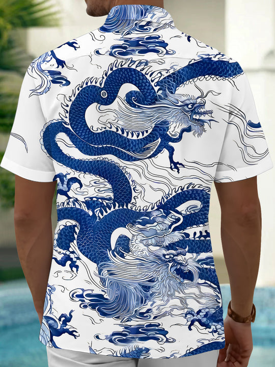 Men's black dragon print short sleeve shirt back view