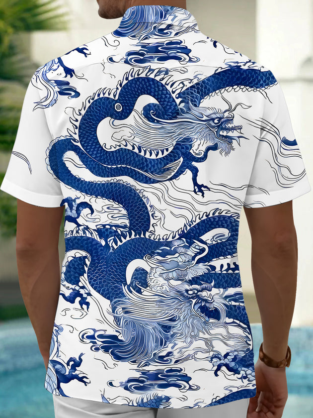 Men's black dragon print short sleeve shirt back view