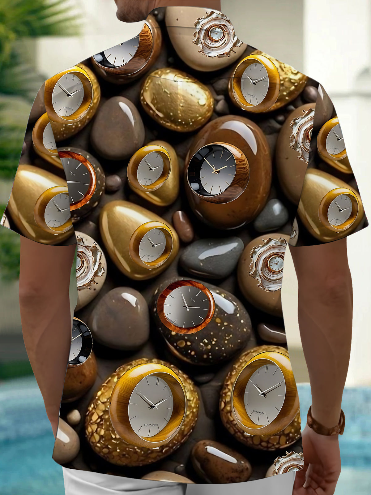 Creative Clock Print Men's Pocket Short Sleeve Shirts