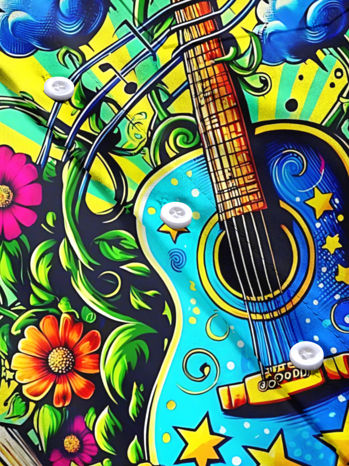Guitar Flower Print Men's Pocket Short Sleeve Shirts