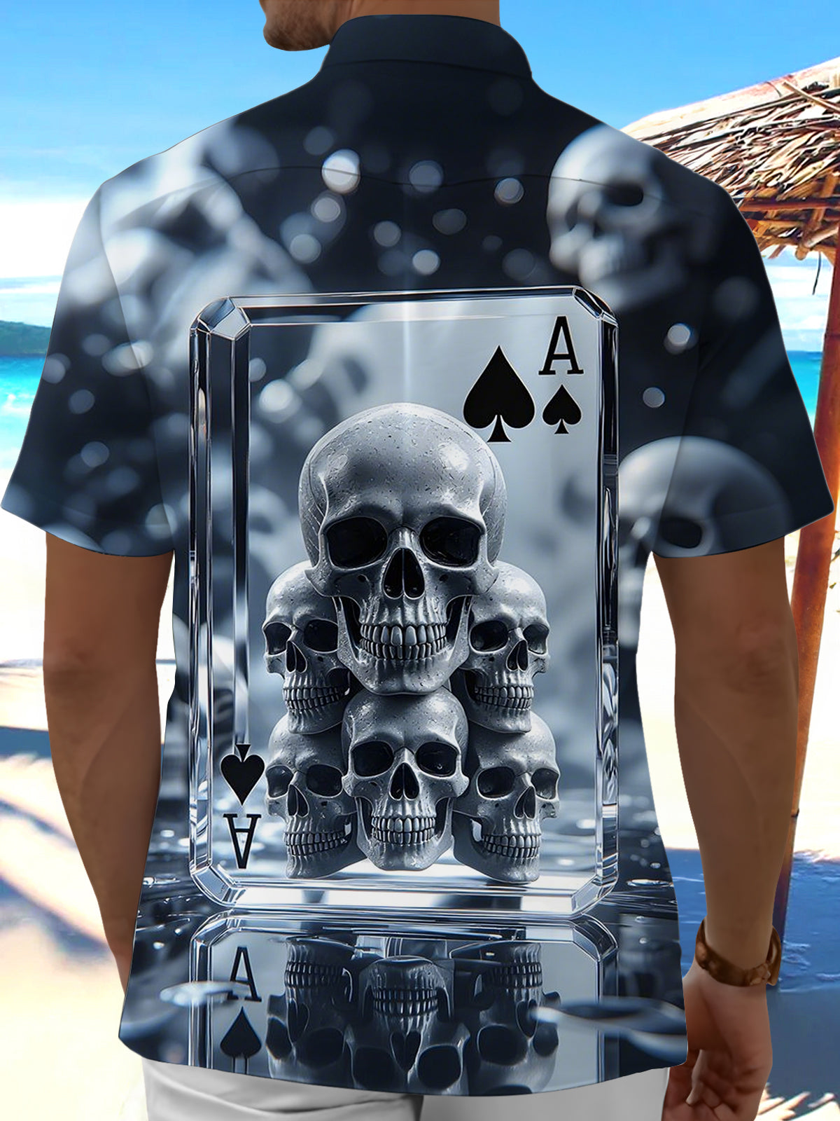 Skull Poker Print Men's Pocket Short Sleeve Shirts