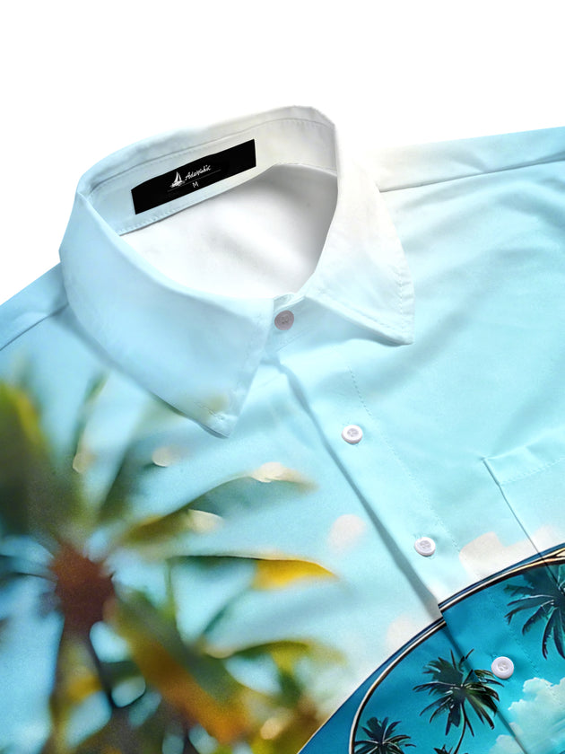 Men's Hawaiian beach sunglasses print tropical pocket short sleeve shirt side view