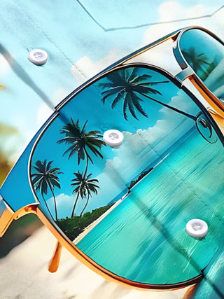 Men's Hawaiian sunglasses print short sleeve pocket shirt flat lay