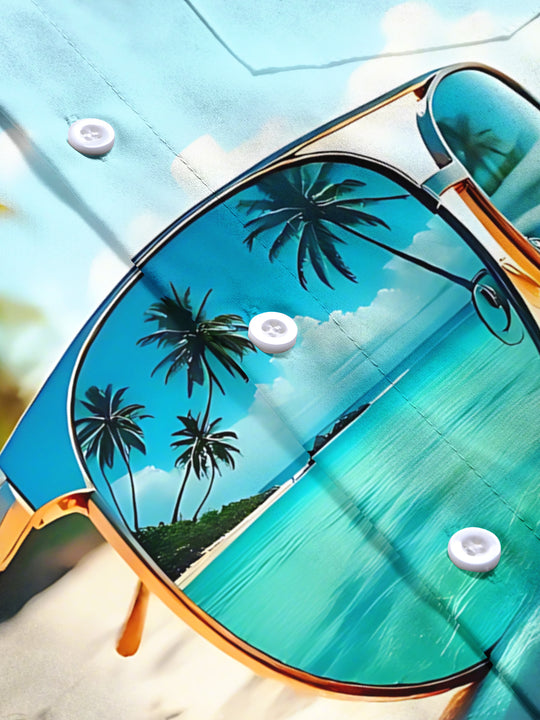 Men's Hawaiian sunglasses print short sleeve pocket shirt flat lay