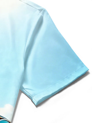 Men's Hawaiian beach print short sleeve shirt close-up of pocket stitching