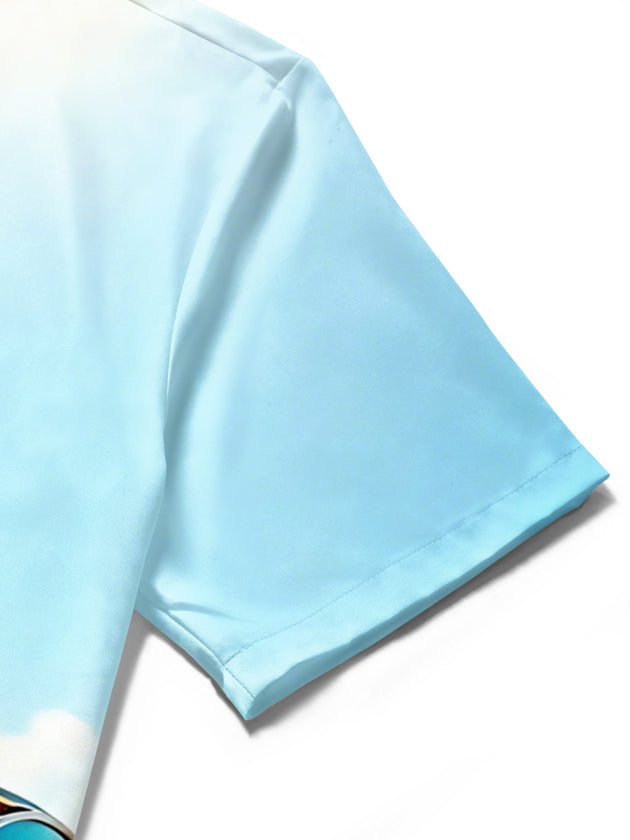 Men's Hawaiian beach print short sleeve shirt close-up of pocket stitching