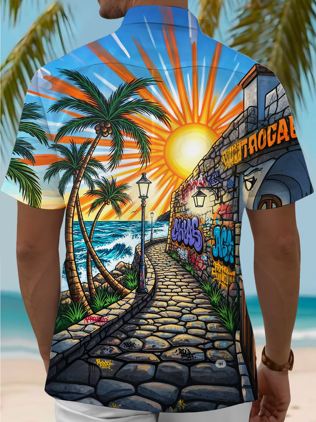 Hawaiian Palm Tree Graffiti Art Print Men's Pocket Short Sleeve Shirts