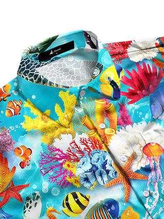 Men's tropical aloha fish print pocket short sleeve shirt side view