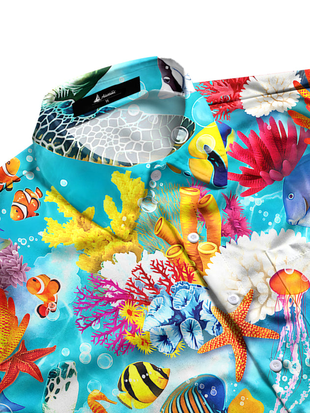 Men's tropical aloha fish print pocket short sleeve shirt side view
