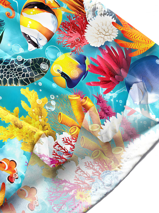 Men wearing Hawaiian fish print pocket short sleeve shirt on tropical beach vacation lifestyle view