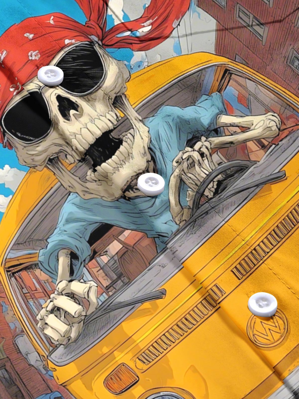 Skull Car Print Men's Pocket Short Sleeve Shirts