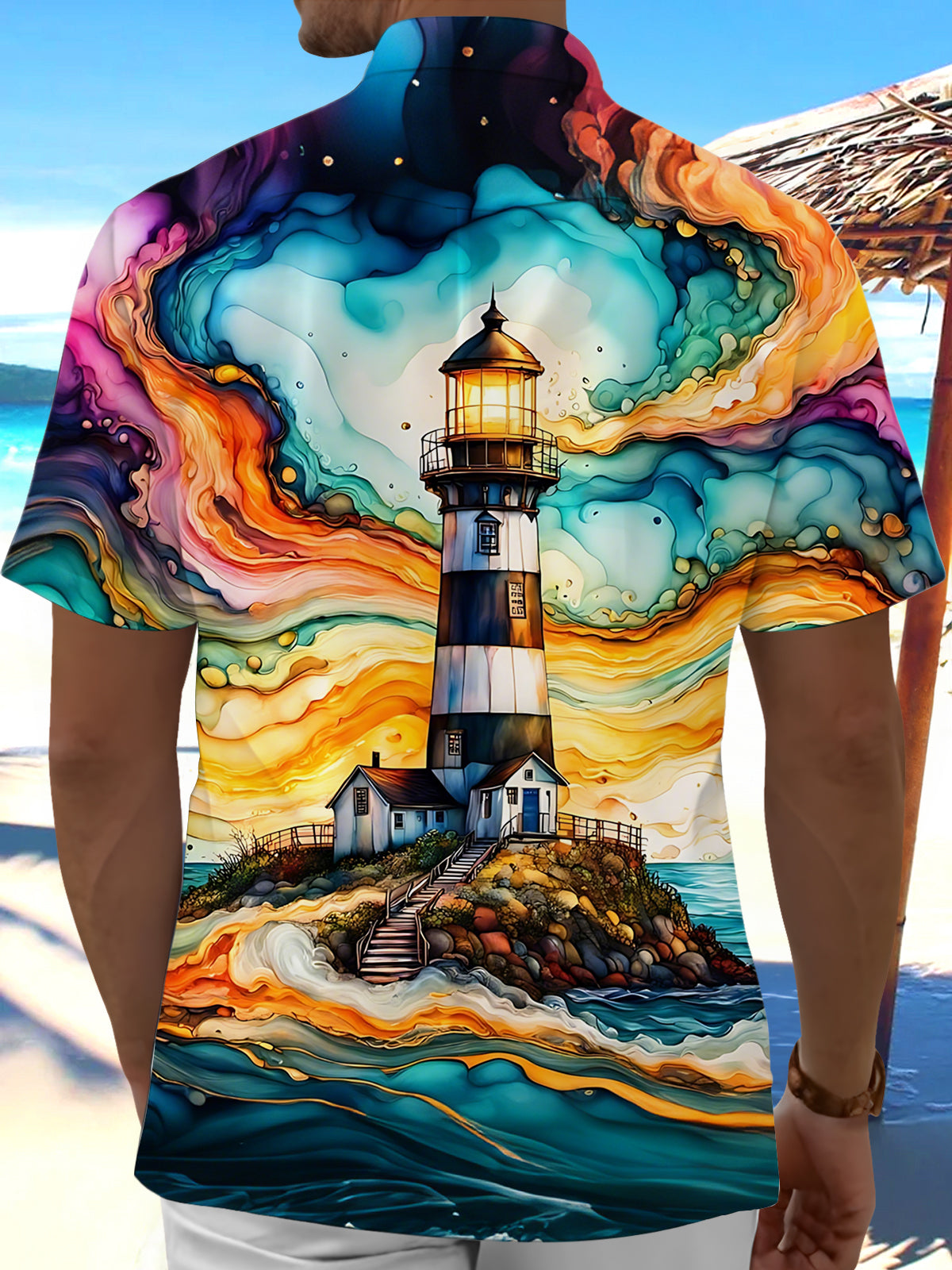 Lighthouse Print Men's Pocket Short Sleeve Shirts