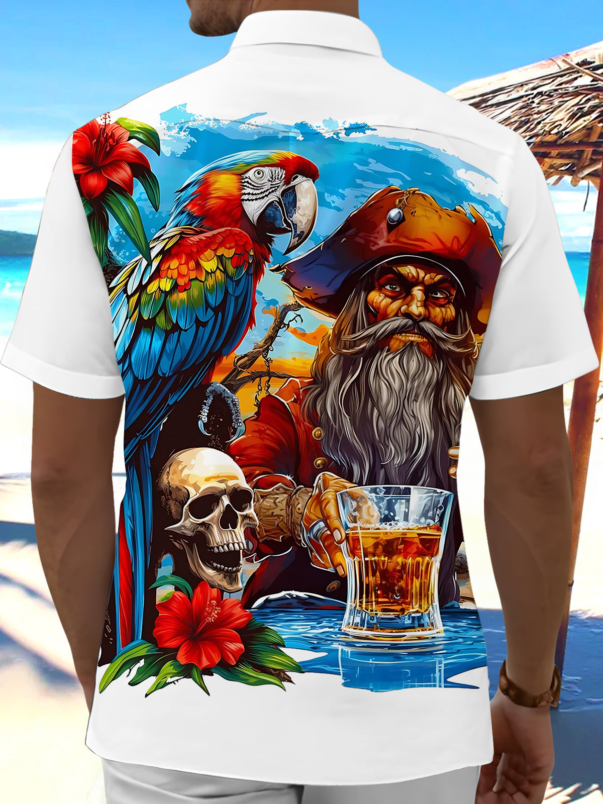 Pirate Parrot Print Men's Pocket Short Sleeve Shirts