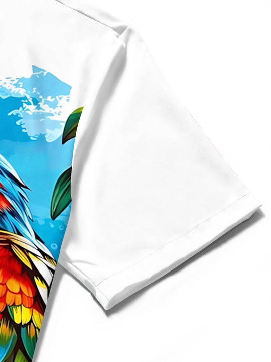 men's parrot print shirt close-up short sleeve