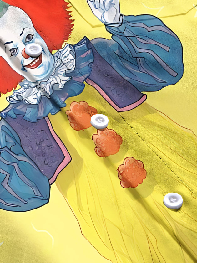 Men's clown print pocket short sleeve shirt flat lay pattern detail