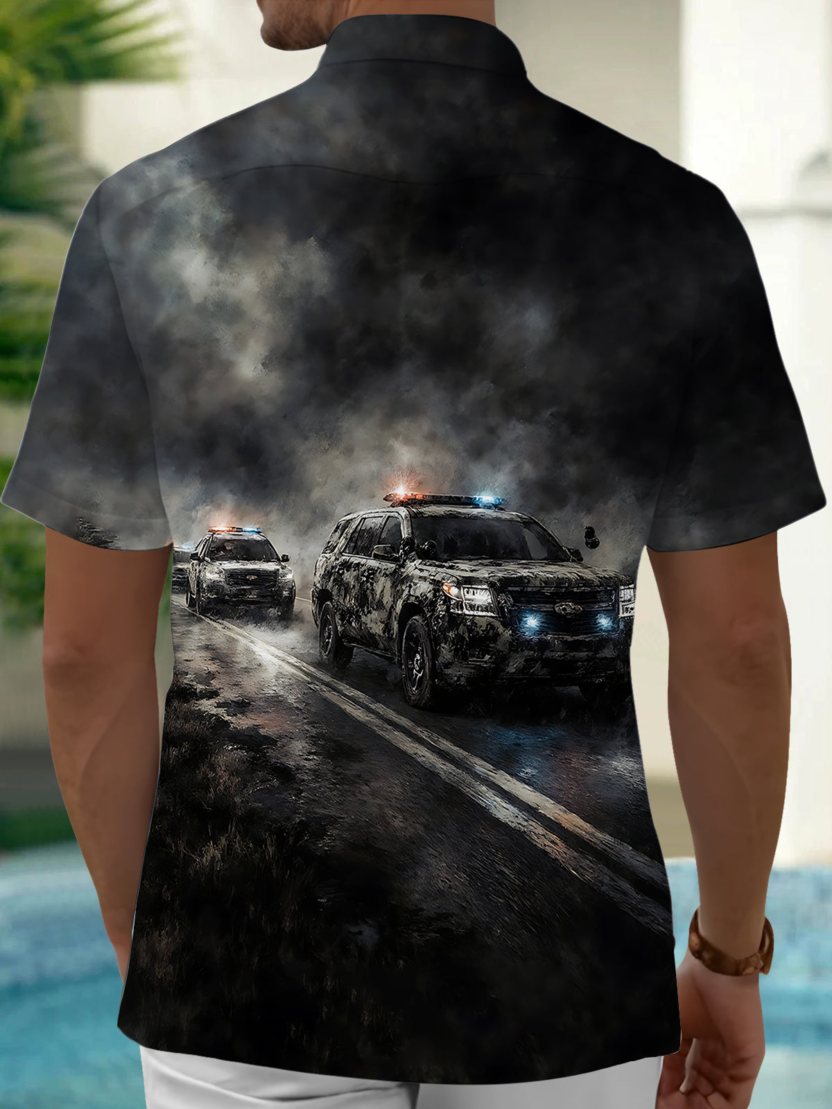 Police Car Print Men's Pocket Short Sleeve Shirts