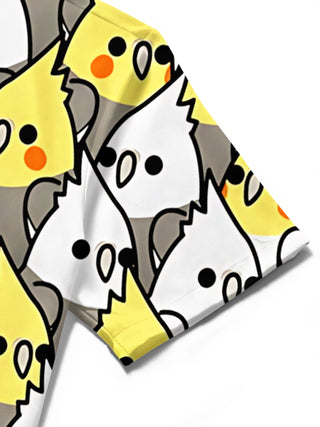 Men's Bird Print Pocket Short Sleeve Shirt Stitching Detail Close-Up
