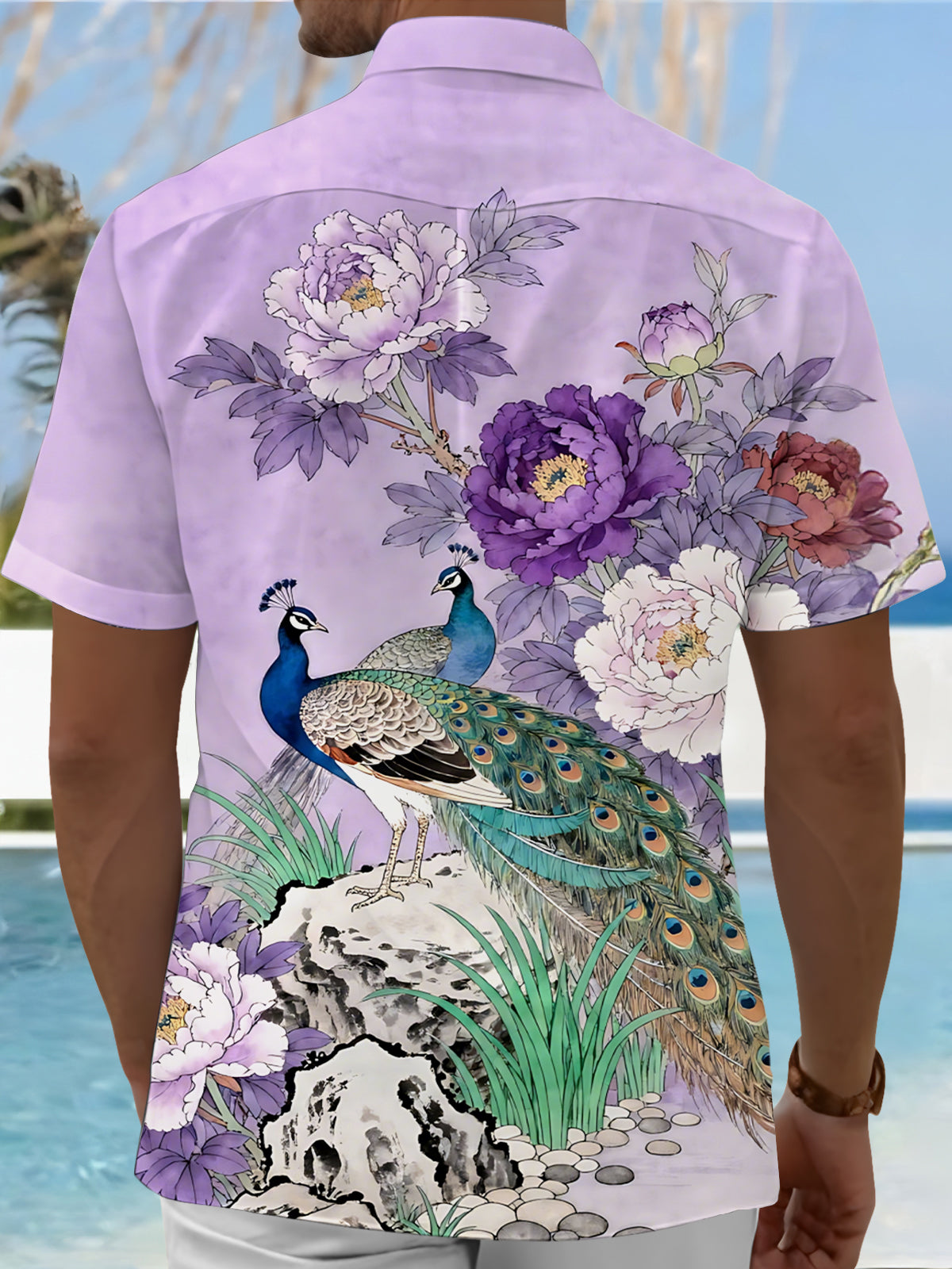 Peacock Flower Print Men's Pocket Short Sleeve Shirts