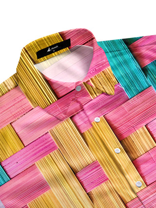 Men's vibrant bamboo strip woven texture print short sleeve shirt side view