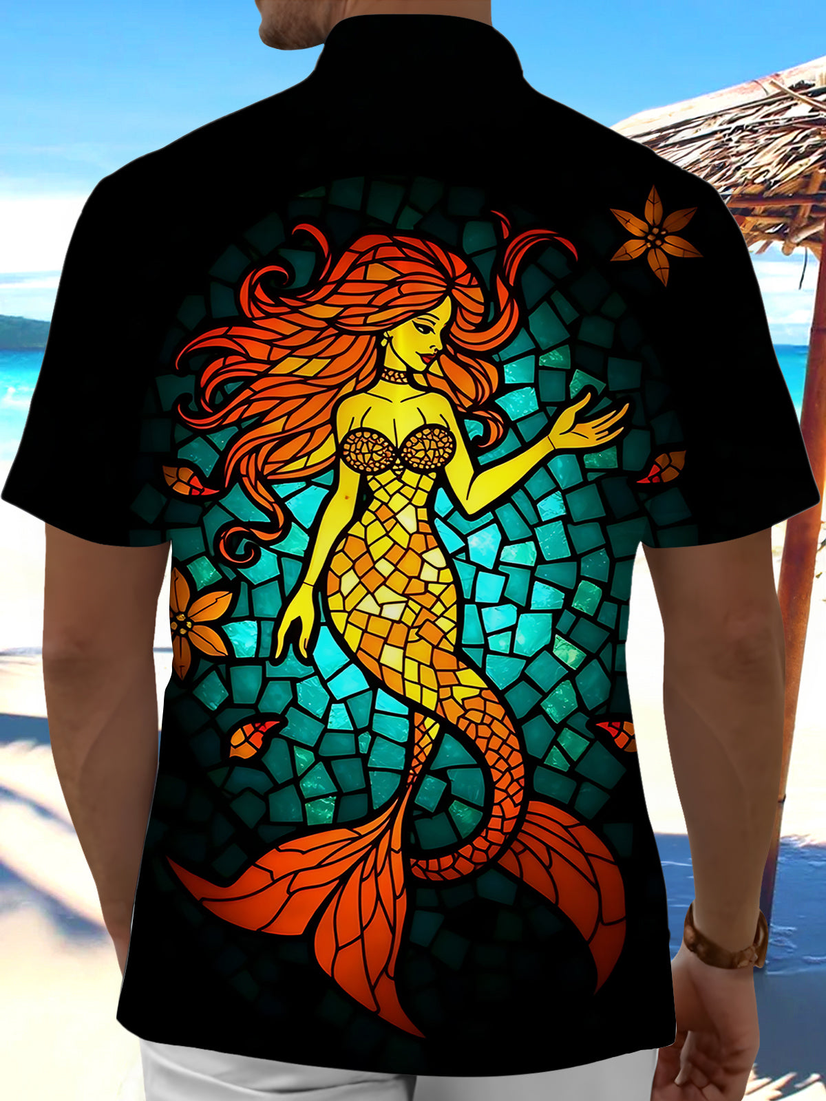 Mermaid Print Men's Pocket Short Sleeve Shirts