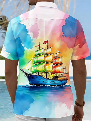 Men's blue boat print short sleeve shirt back view