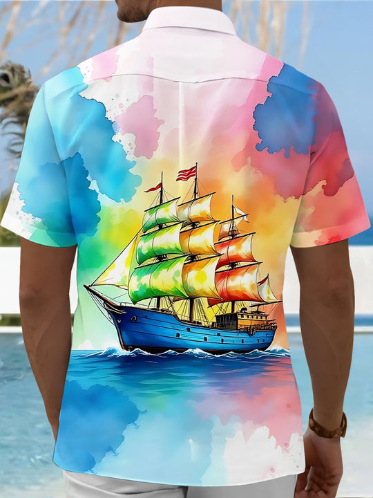 Men's blue boat print short sleeve shirt back view