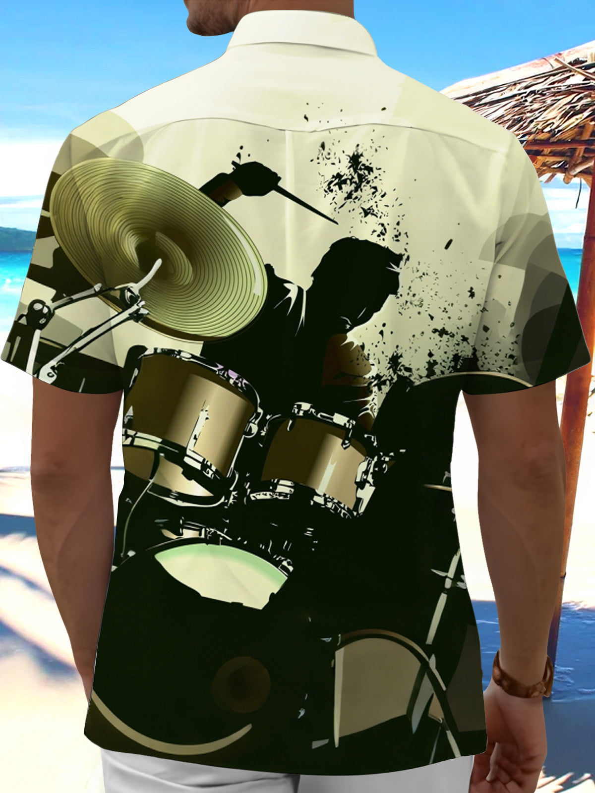 Music Drum Print Men's Pocket Short Sleeve Shirts
