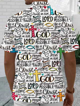 Men's Christian print pocket short sleeve shirt back view