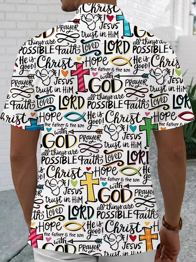 Men's Christian print pocket short sleeve shirt back view