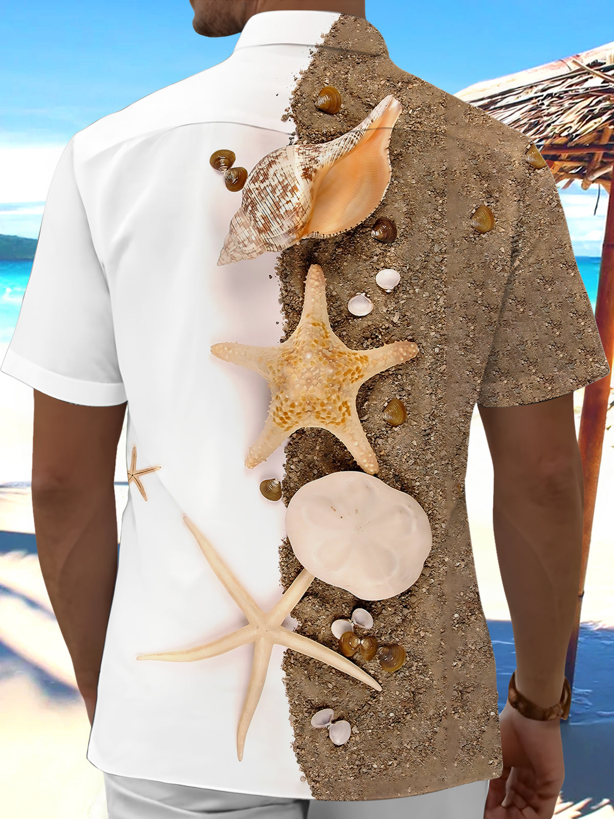 Shell Starfish Print Men's Pocket Short Sleeve Shirts