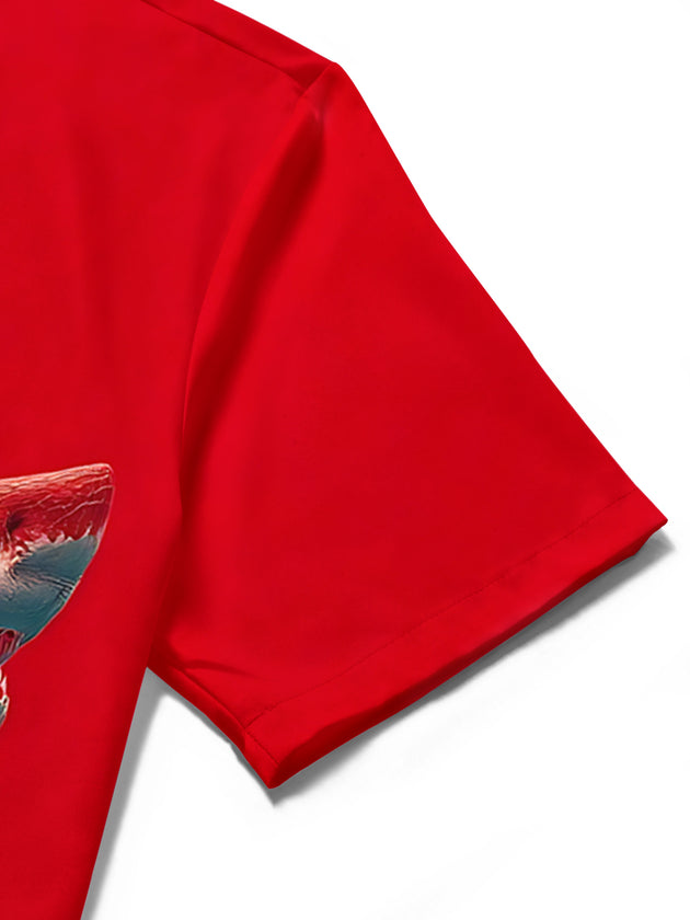 men's shark print shirt close-up short sleeve