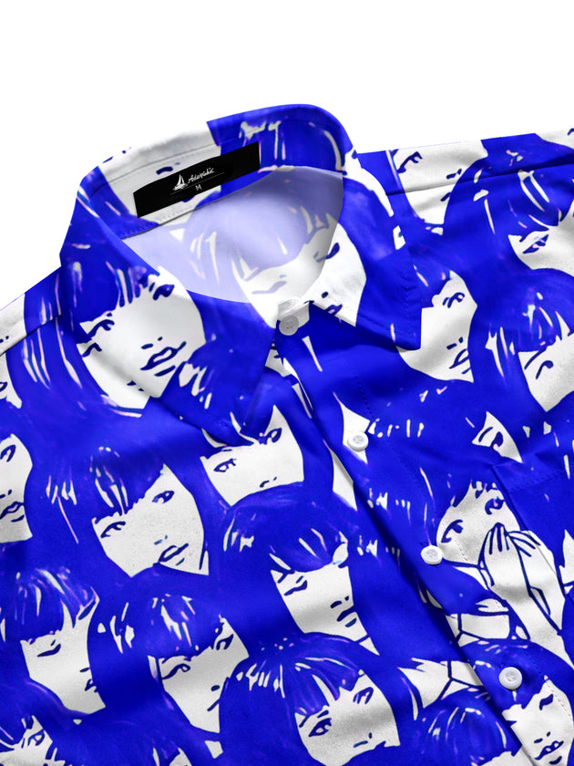 Men's face art print pocket half sleeve shirt side view