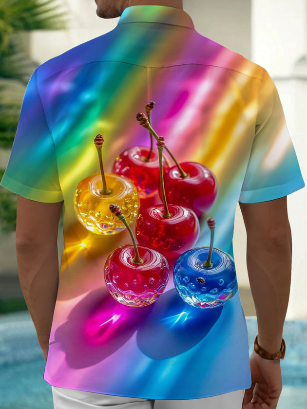 Men's cherry print pocket short sleeve shirt back view
