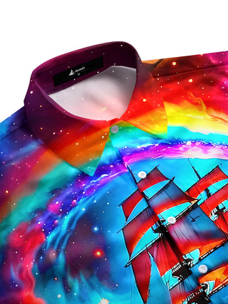 Men's tropical aloha shirt side view with vibrant floral pattern and short sleeves
