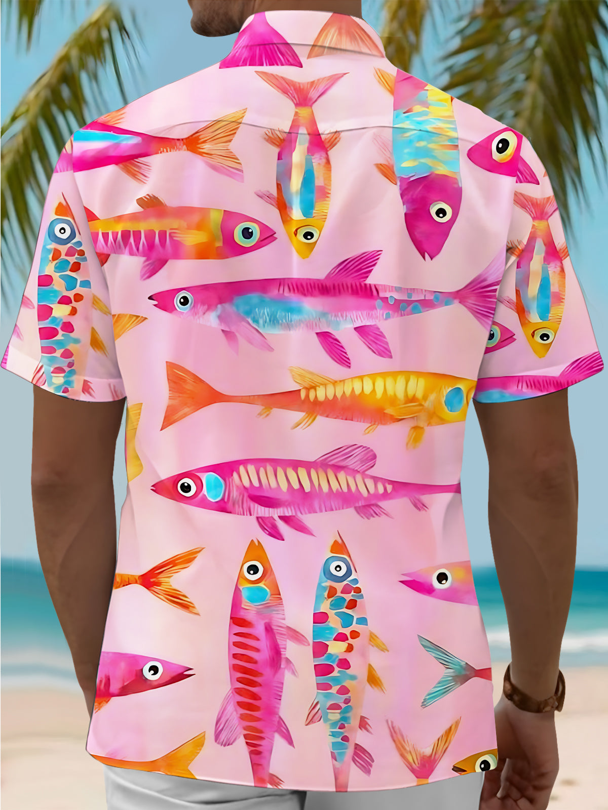 Fish Print Men's Pocket Short Sleeve Shirts