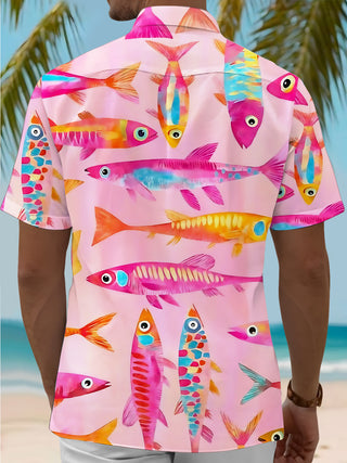 Men's fish print short sleeve shirt back view