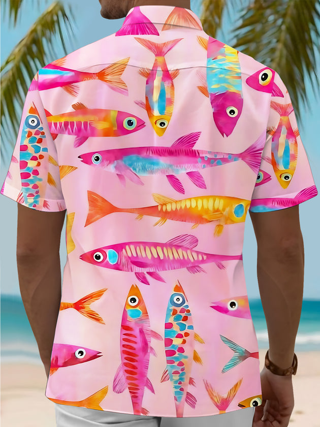 Men's fish print short sleeve shirt back view