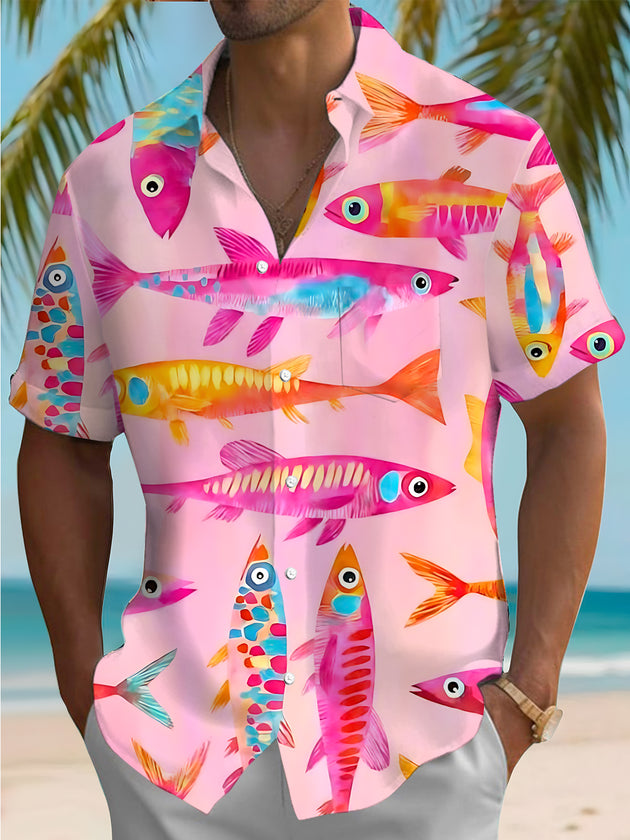 Men's blue fish print short sleeve shirt front view