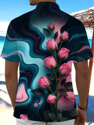 Men's floral print short sleeve pocket shirt back view