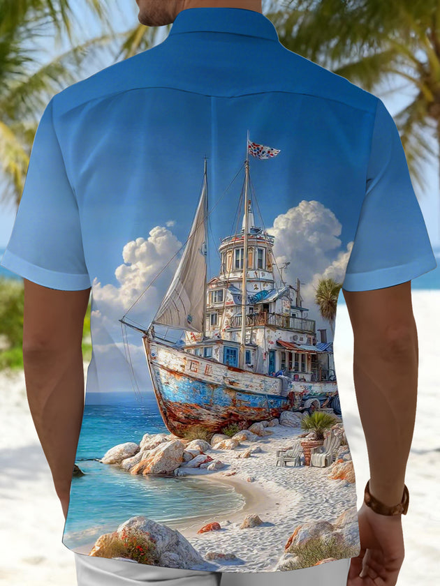 Men's white beach boat print pocket short sleeve shirt back view