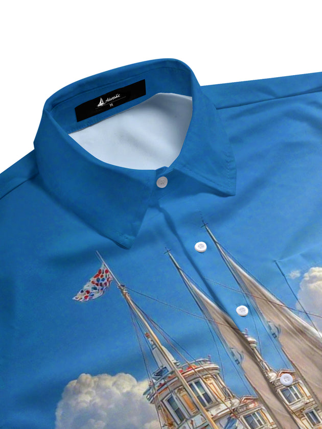 Men's coastal boat print short sleeve shirt side view